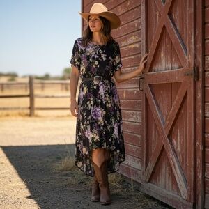 Honeyme Black Maxi Dress with Purple & Cream Floral Print